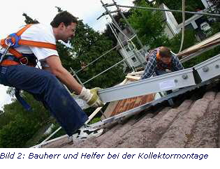 Bild 2: Bauherr und Helfer bei der Kollektormontage