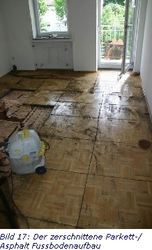 Bild 17: Der zerschnittene Parkett-/
Asphalt Fussbodenaufbau